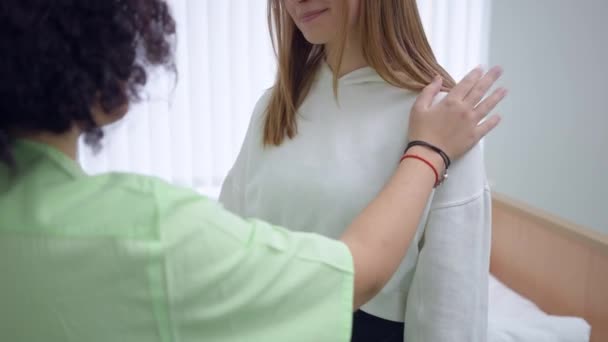 Unrecognizable Ill Woman Standing Hospital Doctor Nurse Tapping Shoulder Supporting — Video