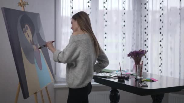 Talented Overworking Painter Having Back Pain Painting Picture Canvas Side — Vídeo de stock