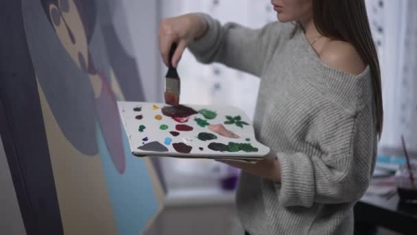 Painting Palette Acrylic Paints Hand Unrecognizable Young Woman Making Strokes — Video