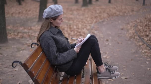 Sonbahar Parkında Bankta Oturmuş Çizim Yapan Yetenekli Genç Bir Kadın — Stok video