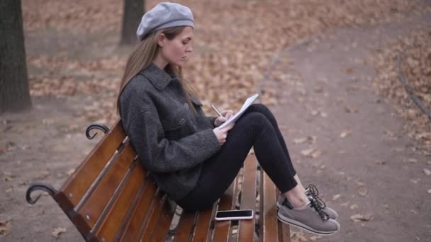 Thoughtful Inspired Woman Drawing Sketch Sitting Bench Overcast Autumn Park — Stockvideo
