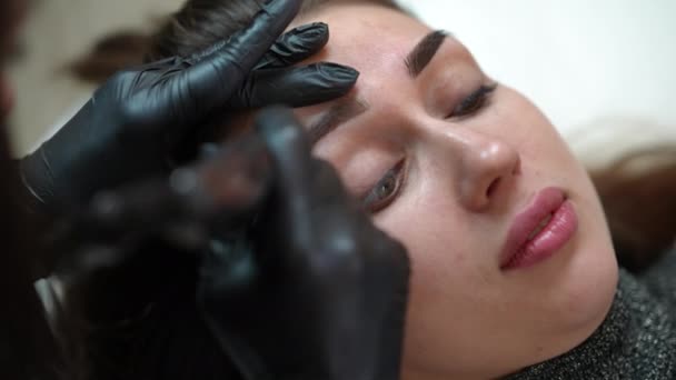Face Young Beautiful Woman Unrecognizable Tattoo Master Doing Permanent Makeup — Vídeos de Stock