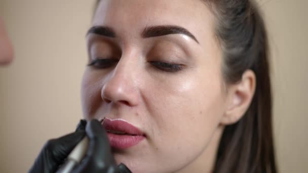 Close Face Woman Hand Contouring Lips White Slow Motion Headshot — Stockvideo