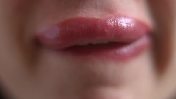 Close Mouth Unrecognizable Woman Biting Lower Lip Slow Motion Front — Vídeo de Stock