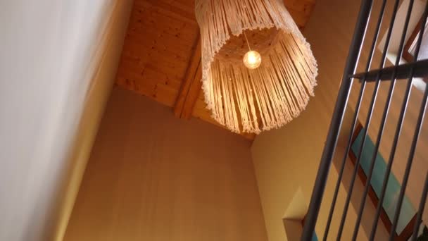Bottom Angle View Lamp Hanging Fabric Lampshade Ceiling Indoors Cozy — Videoclip de stoc