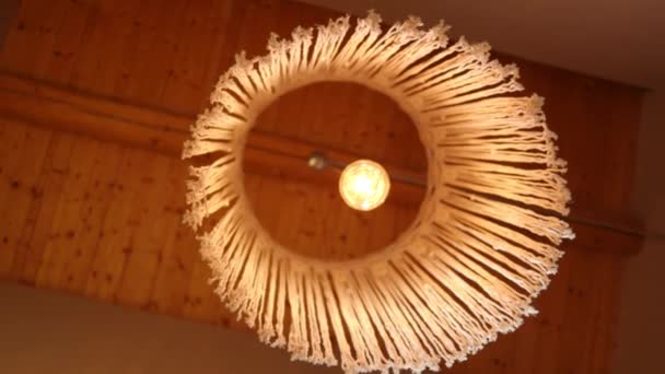 Close Lamp Shining Fabric Lampshade Hanging Wooden Ceiling Indoors Bottom — Wideo stockowe