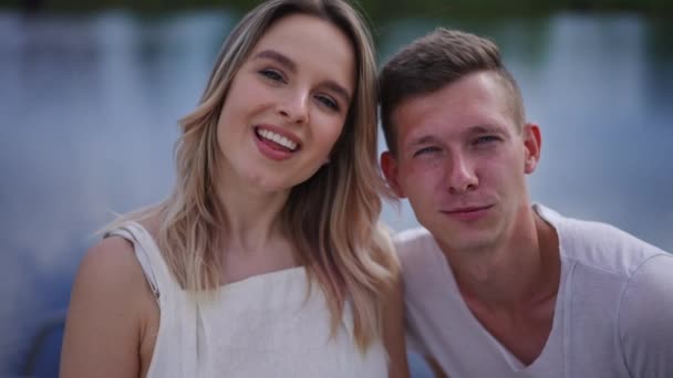 Portrait Happy Couple Looking Camera Grimacing Smiling Posing Slow Motion — Vídeos de Stock