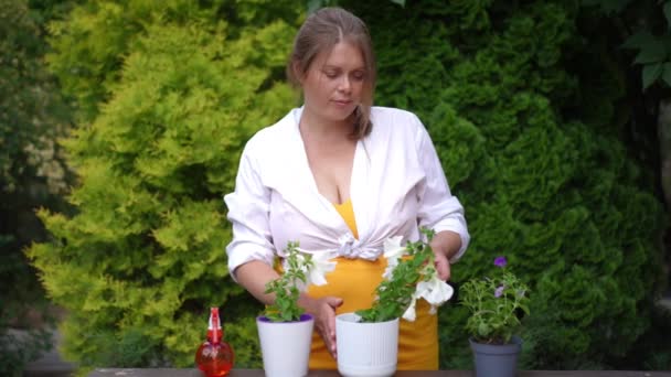 Medium Shot Caucasian Beautiful Size Woman Admiring Flowers Pots Spraying — kuvapankkivideo