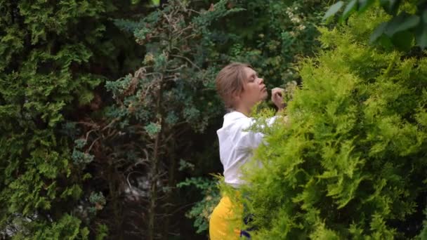 Concentrated Size Woman Trimming Trees Prunning Scissors Slow Motion Outdoors — kuvapankkivideo