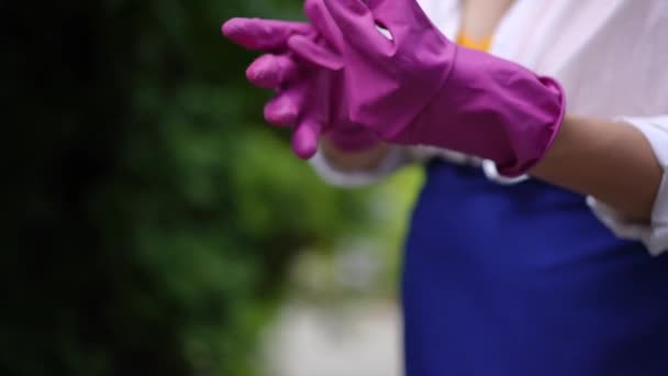 Close Size Female Caucasian Hands Putting Pink Gardening Gloves Slow — Wideo stockowe