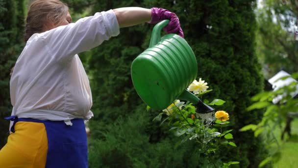 Side View Beautiful Size Woman Watering Flowers Smelling Yellow Rose — kuvapankkivideo