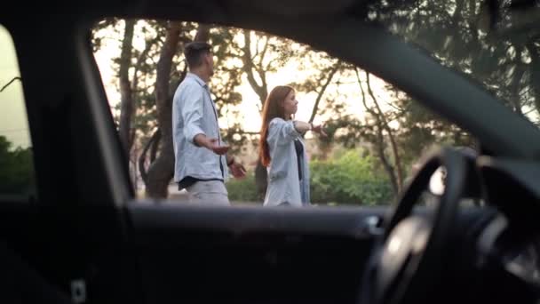 Shooting Car Caucasian Couple Gesturing Hitchhiking Standing Suburb Forest Positive — Stockvideo