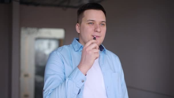 Happy Young Man Smoking Standing New Flat Looking Portrait Satisfied — Video Stock