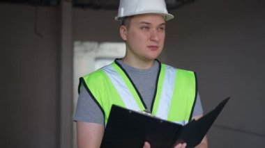 Expert young Caucasian contractor examining design thinking looking around standing in new flat. Portrait of focused man in hard hat and vest planning apartment repair