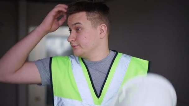 Tired Worker Taking Hard Hat Scratching Head Sighing Standing New — Stock Video