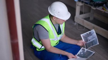 Focused man in hard hat examining design sitting on floor in new apartment looking up. Portrait of smart confident concentrated Caucasian builder planning renovation in flat indoors thinking