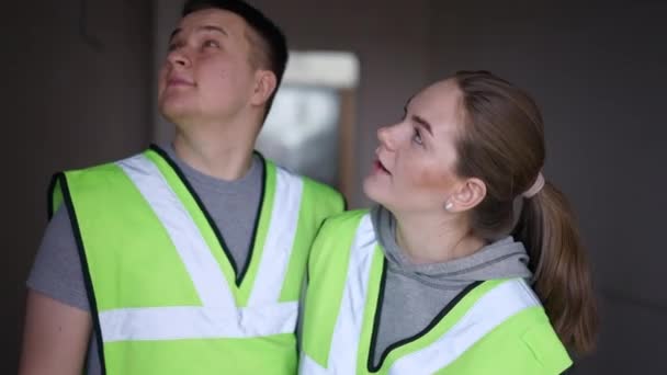 Confident Happy Male Female Architects Talking Gesturing Thumbs Looking Camera — Video