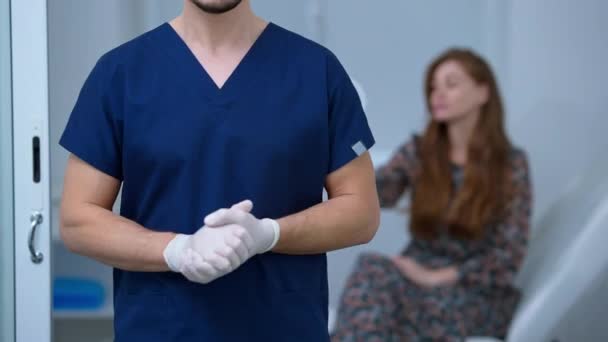 Front View Unrecognizable Surgeon Standing Hospital Blurred Patient Background Middle — Stock Video