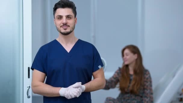 Medium Shot Confident Smiling Middle Eastern Man Posing Medical Clinic — Stok Video