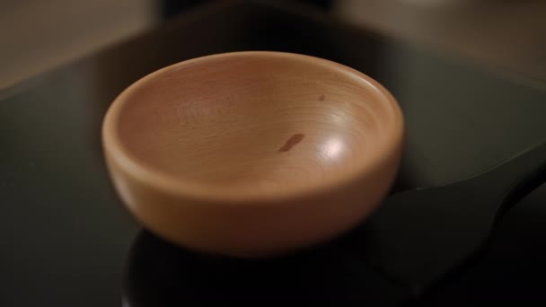 Close Pouring Nourishing Hair Cream Wooden Little Bowl Indoors Unrecognizable — Stockvideo