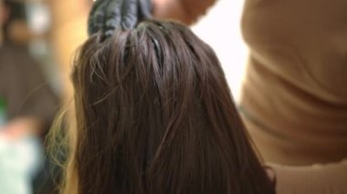 Close-up head massage in beauty salon indoors. Unrecognizable professional cosmetician hairstylist massaging brunette long hair of female Caucasian client in hair parlor indoors