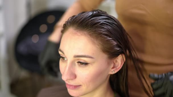 Face Smiling Confident Woman Hair Salon Hands Hairdresser Separating Strands — Stok Video