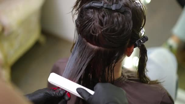 High Angle View Brunette Long Hair Straightening Infrared Flat Iron — стокове відео