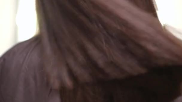 Close Brunette Laminated Hair Shaking Slow Motion Indoors Back View — Stock video