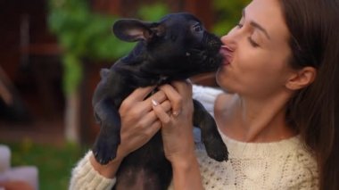 Çekici siyah Fransız Bulldog köpeği yavaş çekimde genç beyaz bir kadının yüzünü yalıyor. Küçük safkan köpek yavrusu bahçedeki güzel bayanla eğleniyor. Bakım ve yaşam tarzı