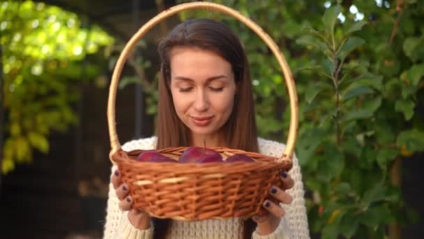 Portrait Young Woman Smelling Ripe Healthful Apples Wicker Basket Stretching — Stock Video