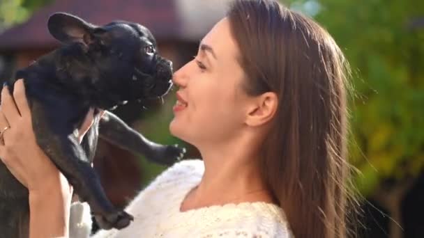美しい若い女性のCuriosフレンチブルドッグ舐め顔とカメラを見て 晴れた日には屋外で豪華な白人女性とレジャーを楽しんでかわいい子犬 ペットのコンセプト — ストック動画
