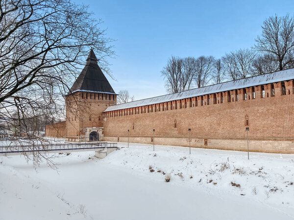 The historic city center of Smolensk, Russia. Old castle wall of Kremlin in Smolensk