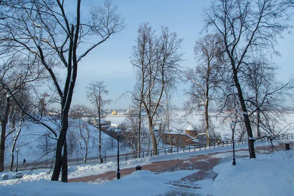 Kremlin Nizhniy Nozgorod Após Renovação Rússia Inverno Nevado Paisagem Rio — Fotografia de Stock
