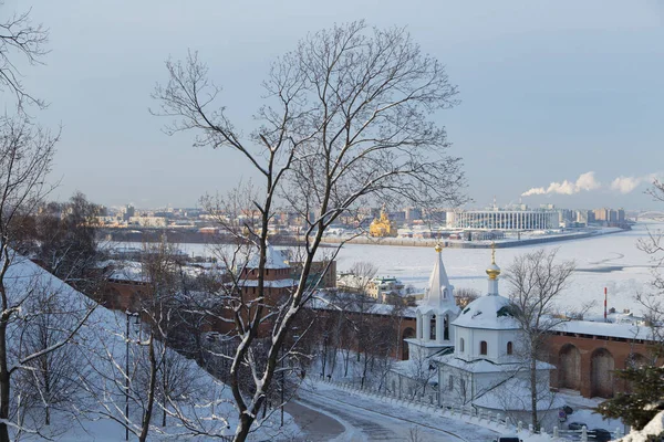 Kremlin Nizhniy Nozgorod Após Renovação Rússia Inverno Nevado Paisagem Rio — Fotografia de Stock