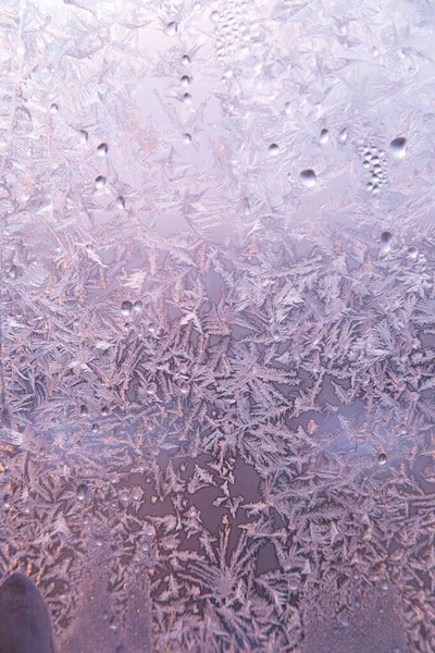 Gelo Inverno Vidro Janela Fundo Padrão Roxo Gelo — Fotografia de Stock