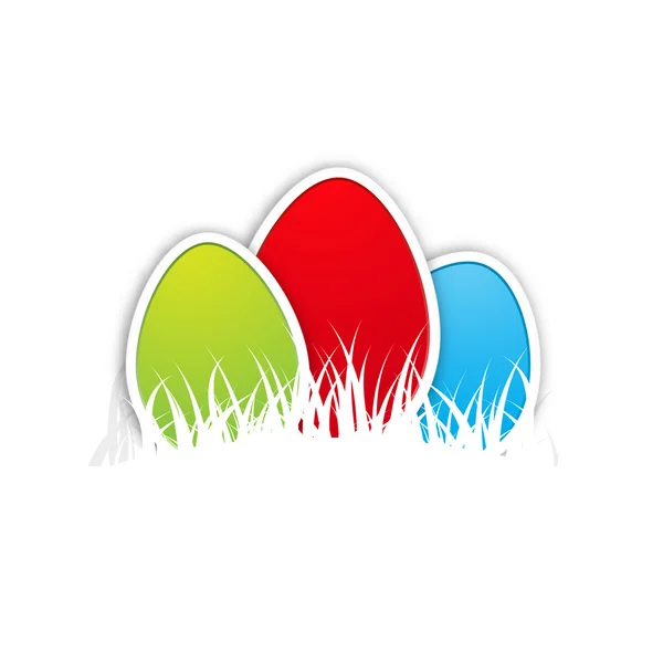 Mavi yeşil, kırmızı anb yumurta çim arkasında esnaf — Stok Vektör