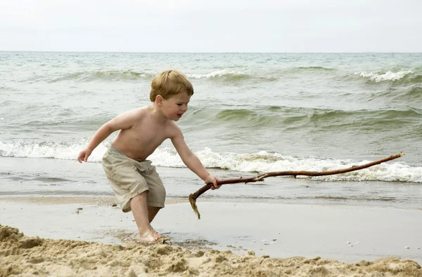 Menino na praia com um pau grande — Fotografia de Stock