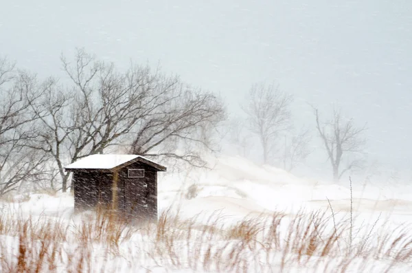 Waait sneeuw en weinig shack — Stockfoto