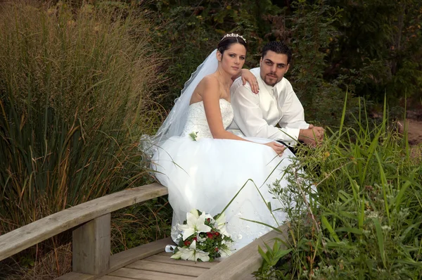 Bride and groom in a park — Stock Photo, Image