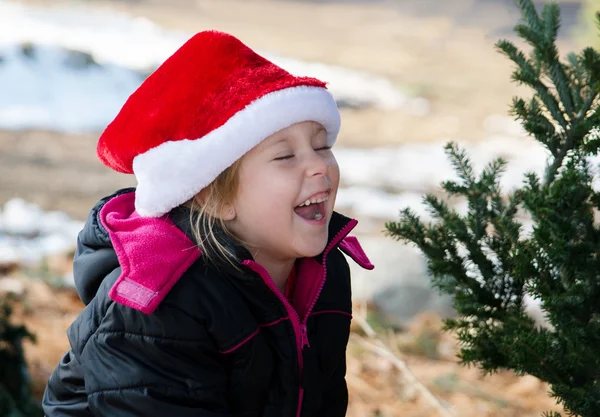 Lachendes kleines Mädchen mit Weihnachtsmütze — Stockfoto