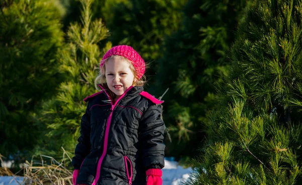 Söt liten tjej på julen träd gård — Stockfoto