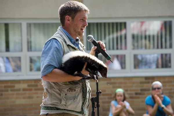 Man with skunk speaking about wildlife — Stock Photo, Image