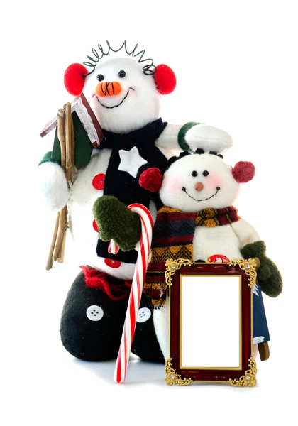 Two Snowean with blank picture frame, bird house, candy cane on white — Stock Photo, Image