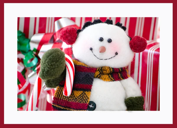 Snowman red and white background close up with border — Stock Photo, Image