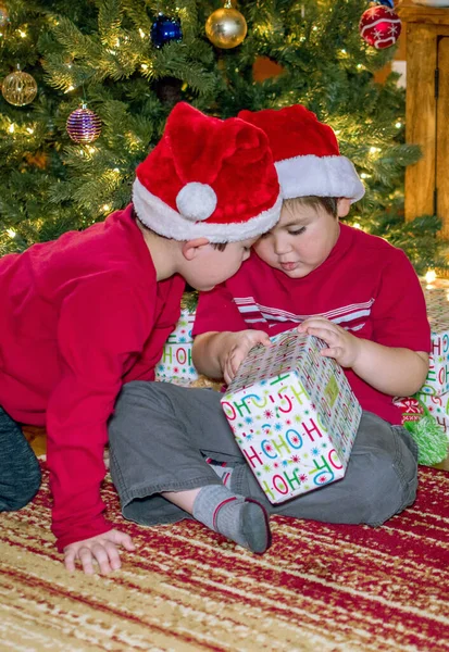 Ein Bruder Schaut Sich Das Geschenk Das Sein Geschwister Öffnet — Stockfoto