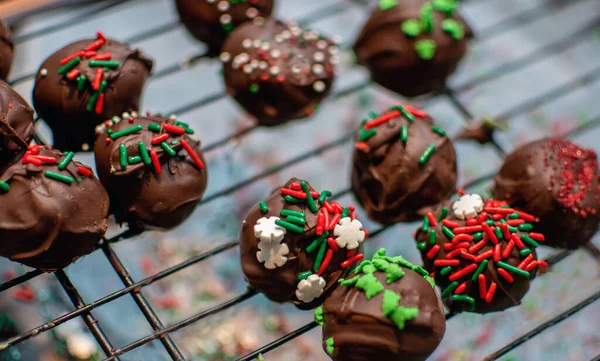 Chocolaty Cake Balls Decorated Colorful Sprinkles Christmas Sweet Trays — Stock Photo, Image