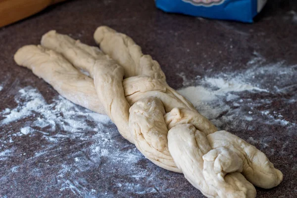 Three Strips Bread Dough Braided Traditional Loaf Challah Bread — Stock fotografie