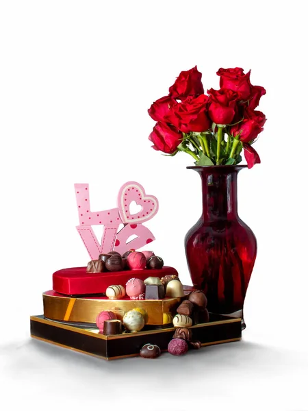 Chocolates Vase Roses Stocked Boxes Valentines Day Perfect Gifts Romance — Stock Photo, Image