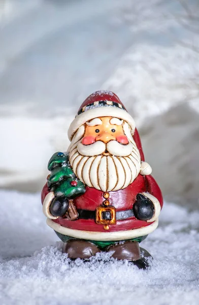 Statue Jolly Santa Stands Christmas Tree Winter Wonder Land — стоковое фото