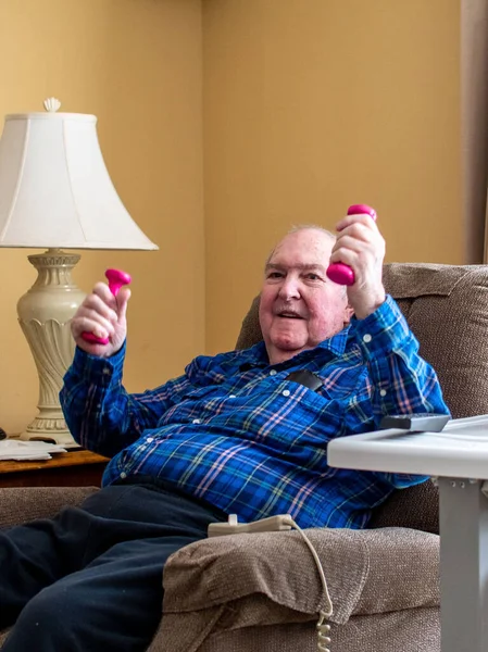 Elderly Male Sits His Lift Chair Exercises Small Pair Hand — Foto de Stock